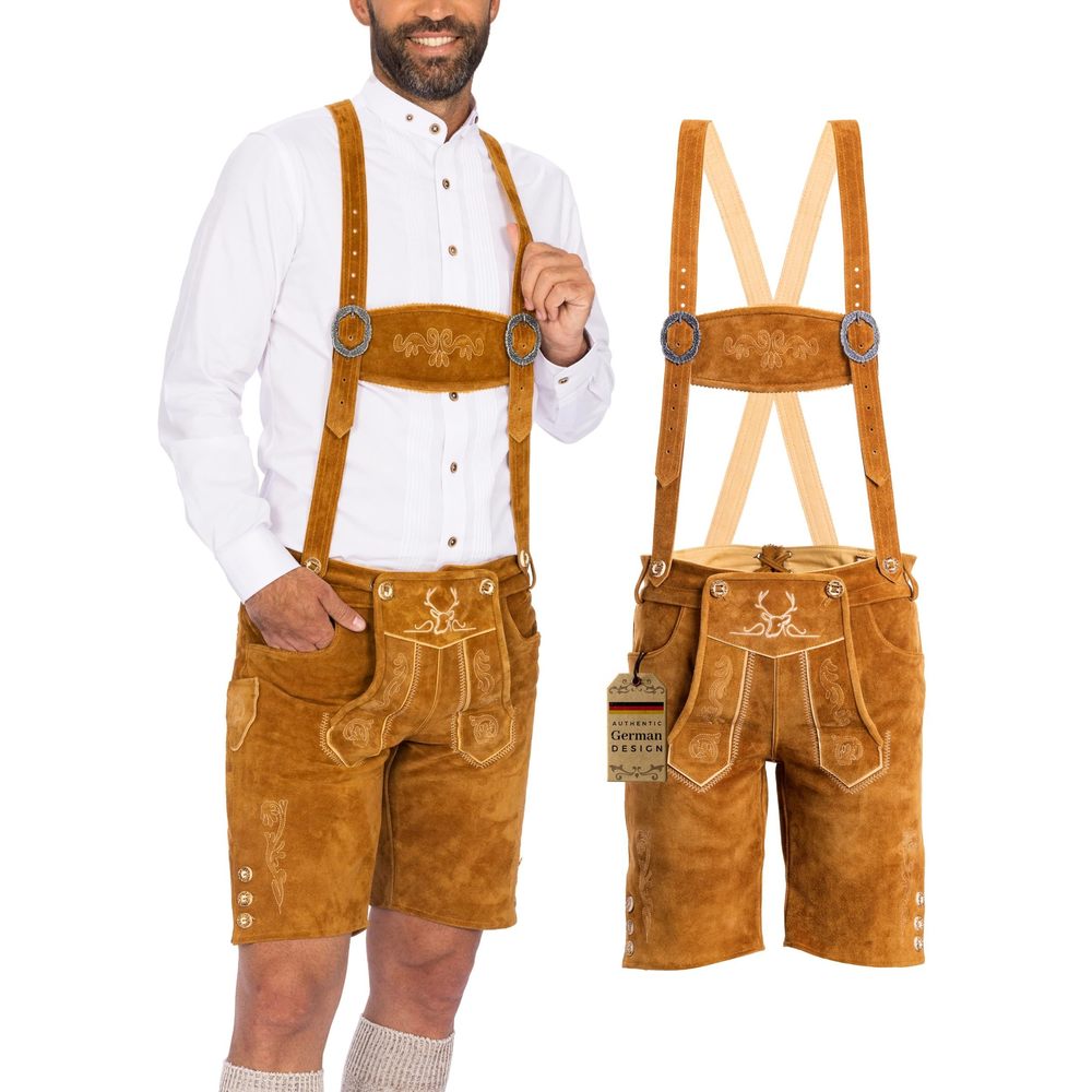NEW OKTOBERFEST LEDERHOSEN MEN - GENUINE LEATHER GERMAN LEDERHOSEN - LIGHT